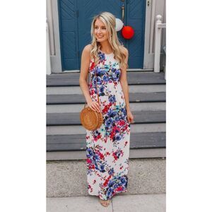 Bellamie Floral Tank Maxi Dress with Pockets Boho Farmhouse Racerback Large